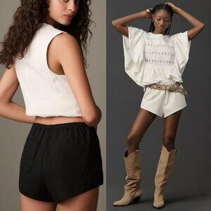 { LOT OF 2 } Linen Anthropologie Tap Shorts - Cream & Black - S Small 4 6